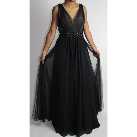 Badgley Mischka Black Pleated Embellished Waist Gown 4 - Picture 11 of 15